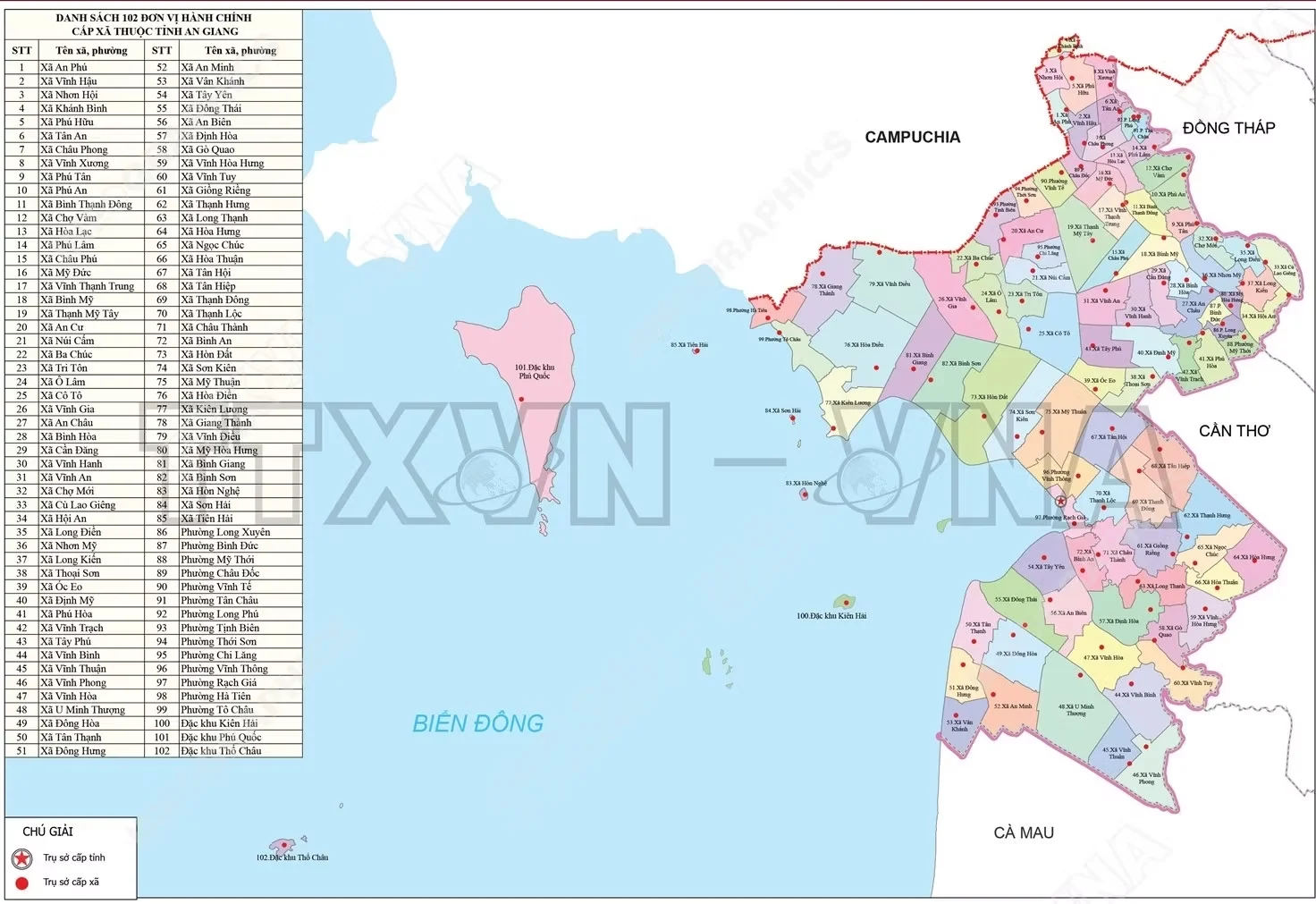 Bản đồ hành chính tỉnh An Giang hợp nhất Kiên Giang cũ, gồm 85 xã, 14 phường và 3 đặc khu Phú Quốc, Kiên Hải, Thổ Châu