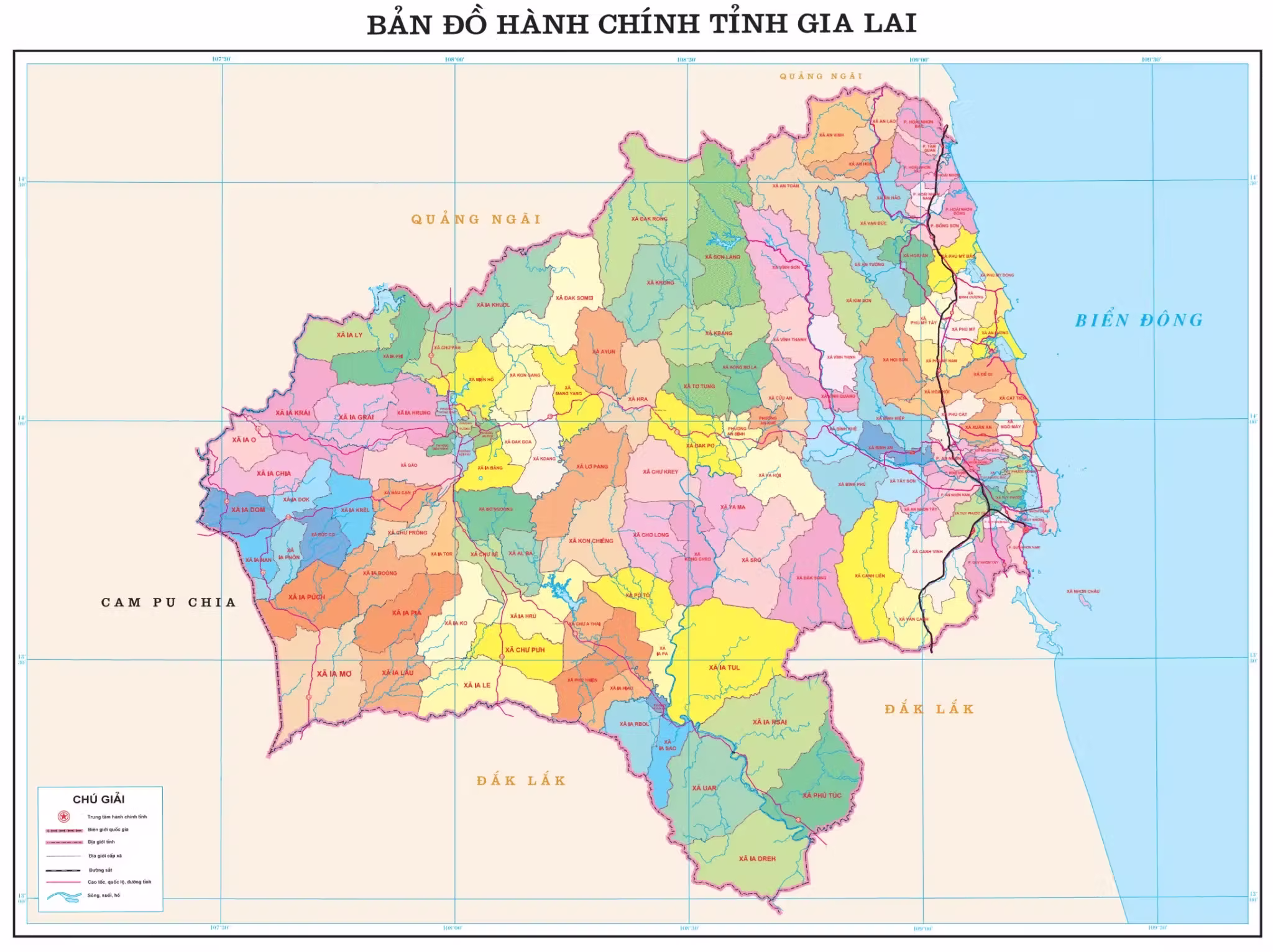 Bản đồ hành chính Gia Lai mới, kèm bảng chú giải ký hiệu tra cứu địa giới, giao thông và ranh giới tiếp giáp 135 DVHC cấp xã
