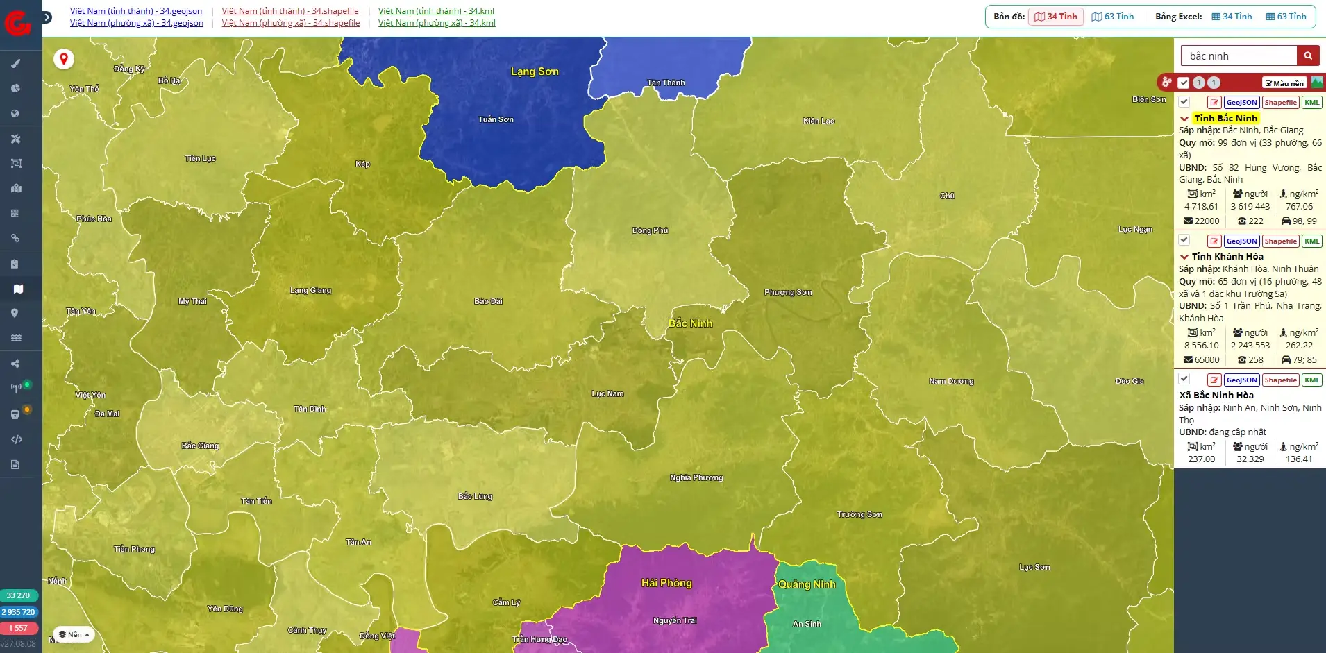 Lớp metadata không gian của Bắc Ninh phân tách 99 đơn vị cấp xã, hỗ trợ đa dạng format: GeoJSON, Shapefile, KML cho phần mềm GIS