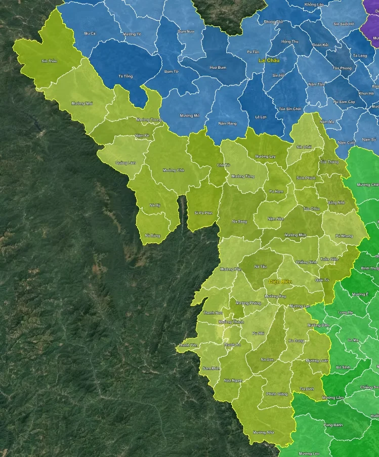 Bản đồ GIS Điện Biên theo từng lớp dữ liệu không gian, xuất được các định dạng GeoJSON, Shapefile, KML trong hệ tọa độ VN-2000