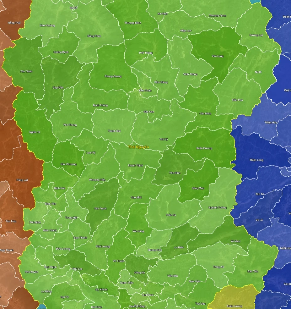 Bản đồ GIS tỉnh Thái Nguyên mới 92 ĐVHC theo lớp ranh giới không gian hỗ trợ xuất GeoJSON Shapefile KML sau sáp nhập Bắc Kạn