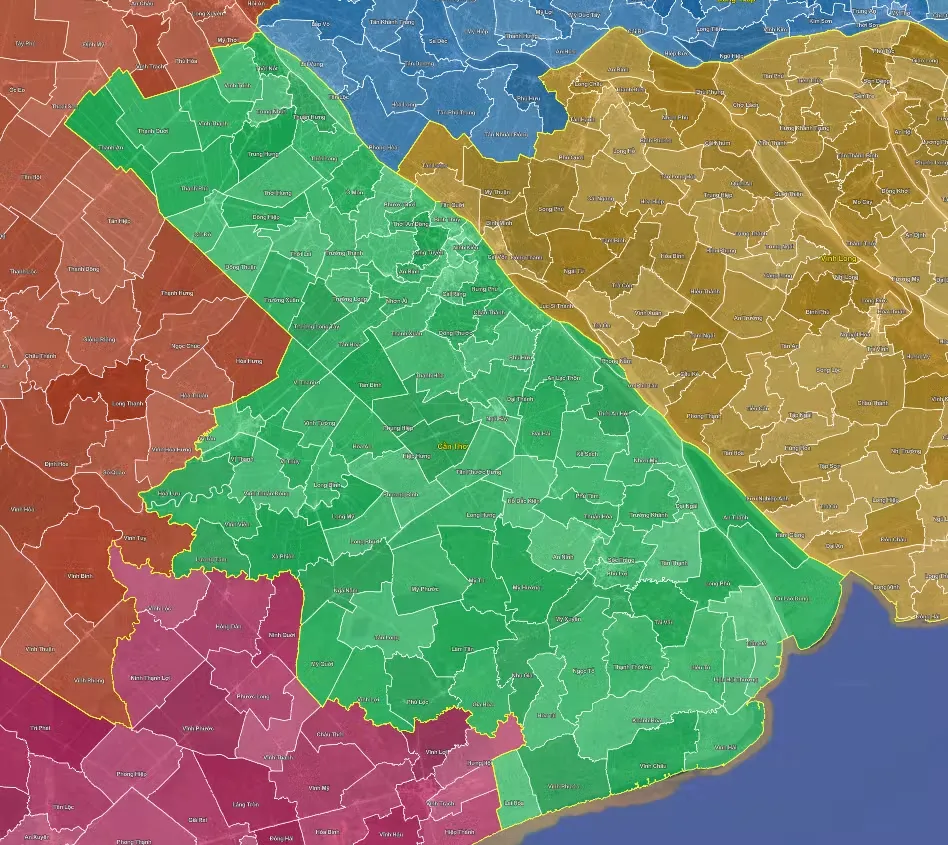 Lớp metadata không gian TP Cần Thơ khoanh vùng 72 xã và 31 phường mới hình thành sau hợp nhất 3 đơn vị Cần Thơ cũ Sóc Trăng cũ và Hậu Giang cũ trên nền vệ tinh số