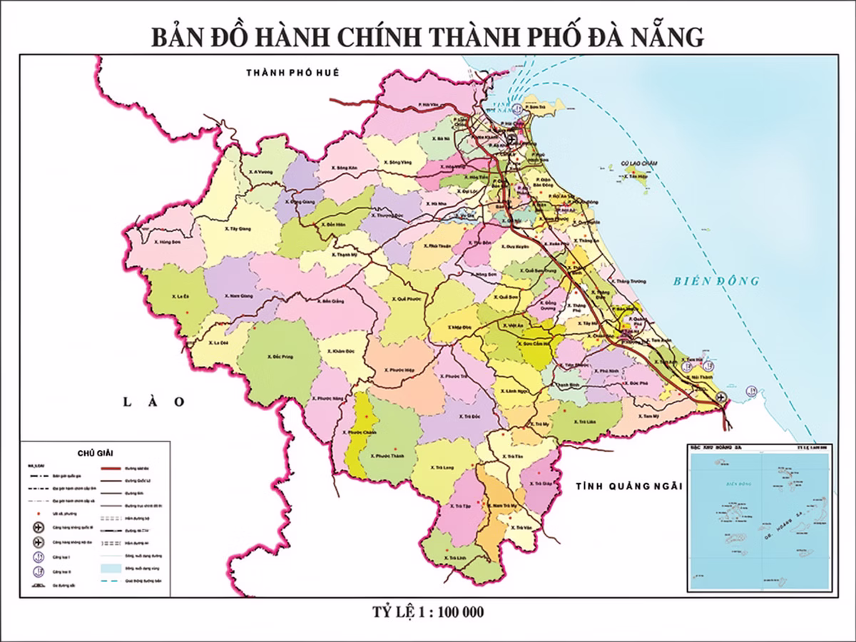 Bản đồ hành chính thành phố Đà Nẵng sau sắp xếp, sáp nhập khổ lớn thể hiện 94 ĐVHC cấp xã gồm 70 xã 23 phường 1 đặc khu Hoàng Sa theo Nghị quyết số 1659/NQ-UBTVQH15 hiệu lực từ 01/7/2025 cập nhật 2026