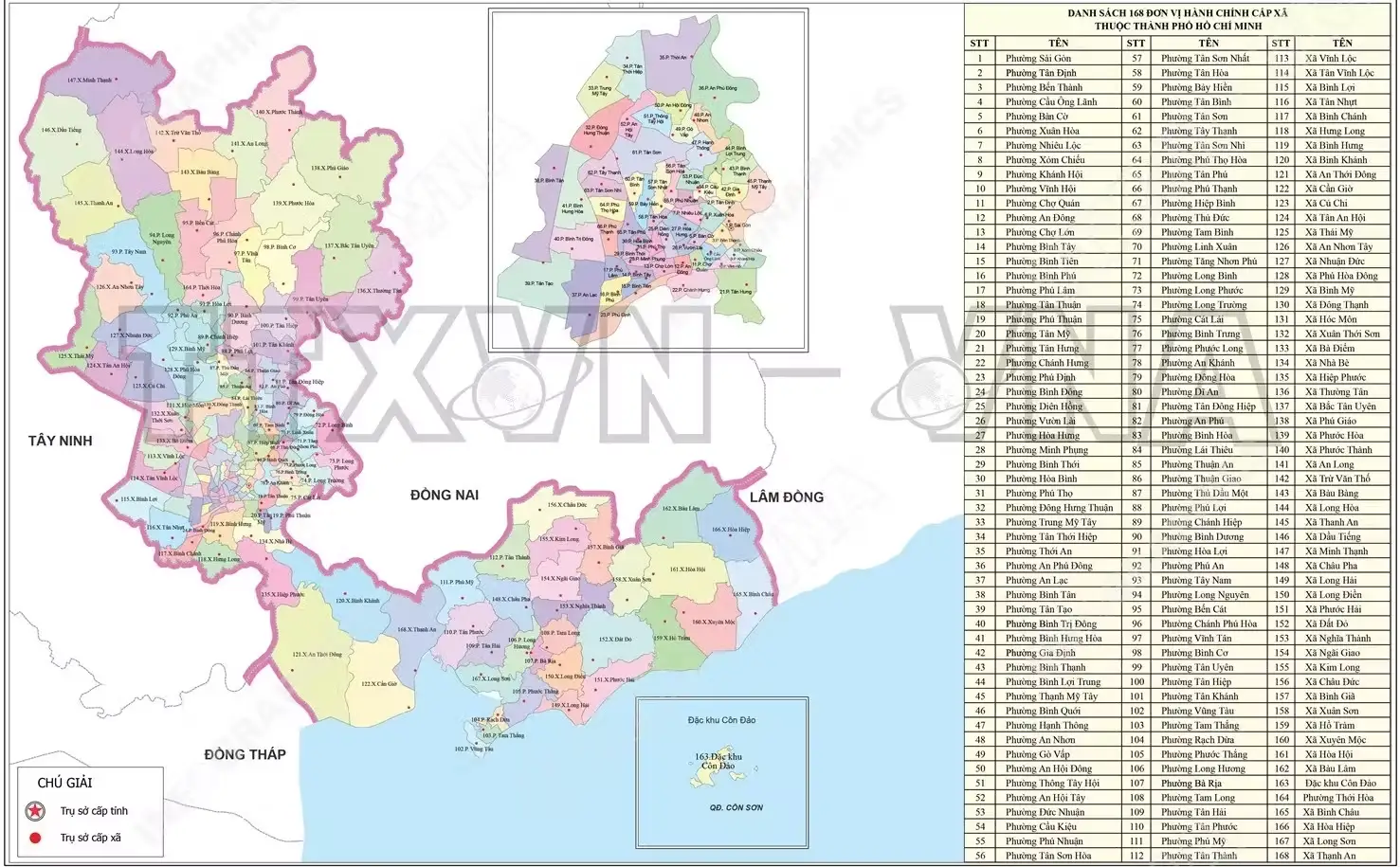Bản đồ hành chính Thành phố Hồ Chí Minh (mới) gồm 113 phường, 54 xã và đặc khu Côn Đảo sau khi sáp nhập Bình Dương (cũ) và Bà Rịa – Vũng Tàu (cũ)