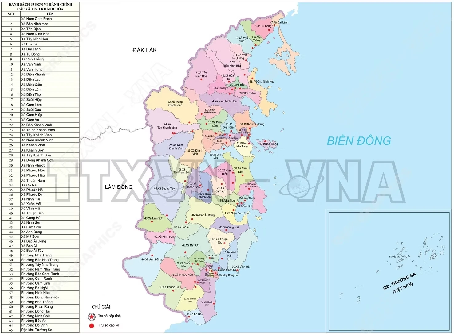 Bản đồ hành chính tỉnh Khánh Hòa gồm 48 xã, 16 phường và 1 đặc khu Trường Sa sau khi sáp nhập tỉnh với Ninh Thuận