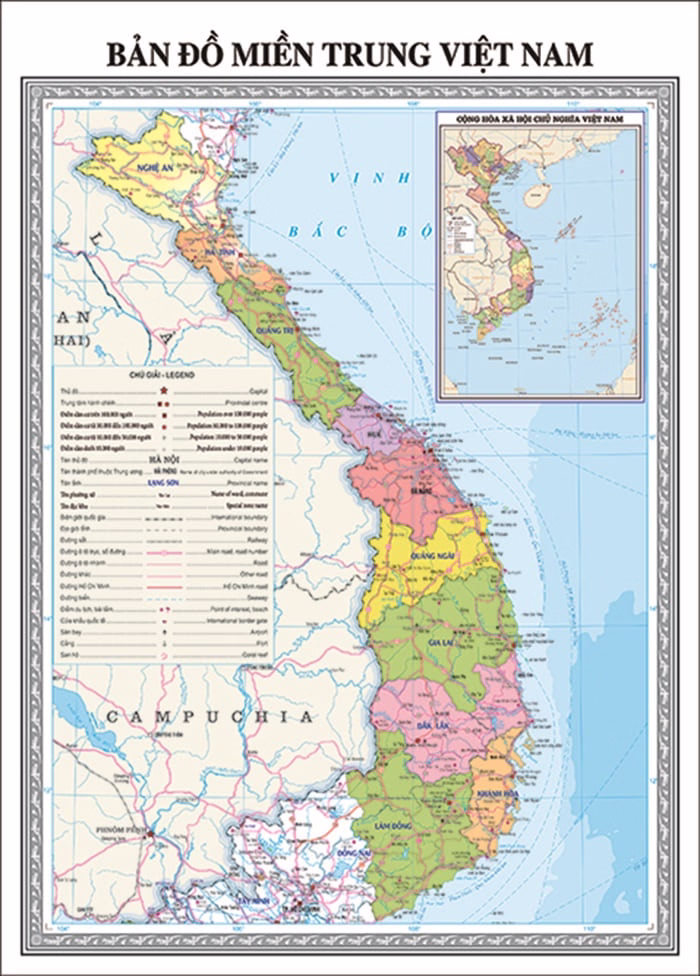 Bản đồ hành chính miền Trung Việt Nam sau sáp nhập với 11 tỉnh thành phố dọc dải ven biển hơn 1.500 km từ Nghệ An đến Lâm Đồng kèm chú giải song ngữ Việt Anh theo Nghị quyết số 202/2025/QH15
