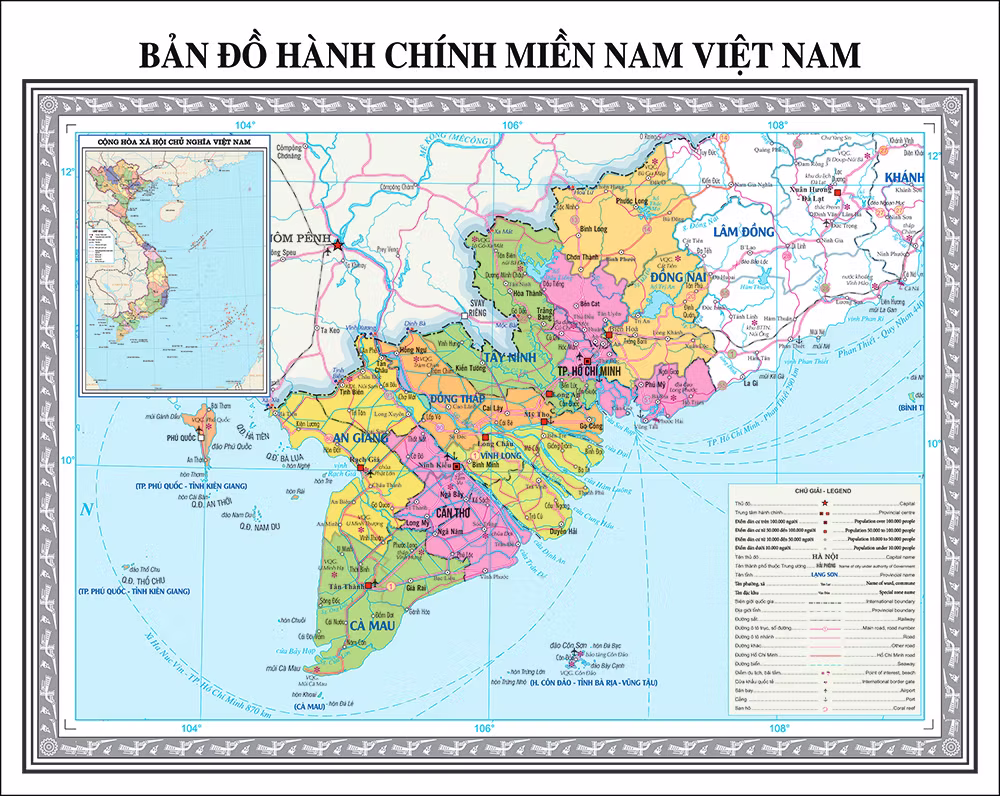 Bản đồ hành chính miền Nam Việt Nam sau sáp nhập với 8 tỉnh thành phố, 854 đơn vị hành chính cấp xã và 4 đặc khu hải đảo Côn Đảo, Phú Quốc, Kiên Hải, Thổ Châu từ ngày 1 tháng 7 năm 2025