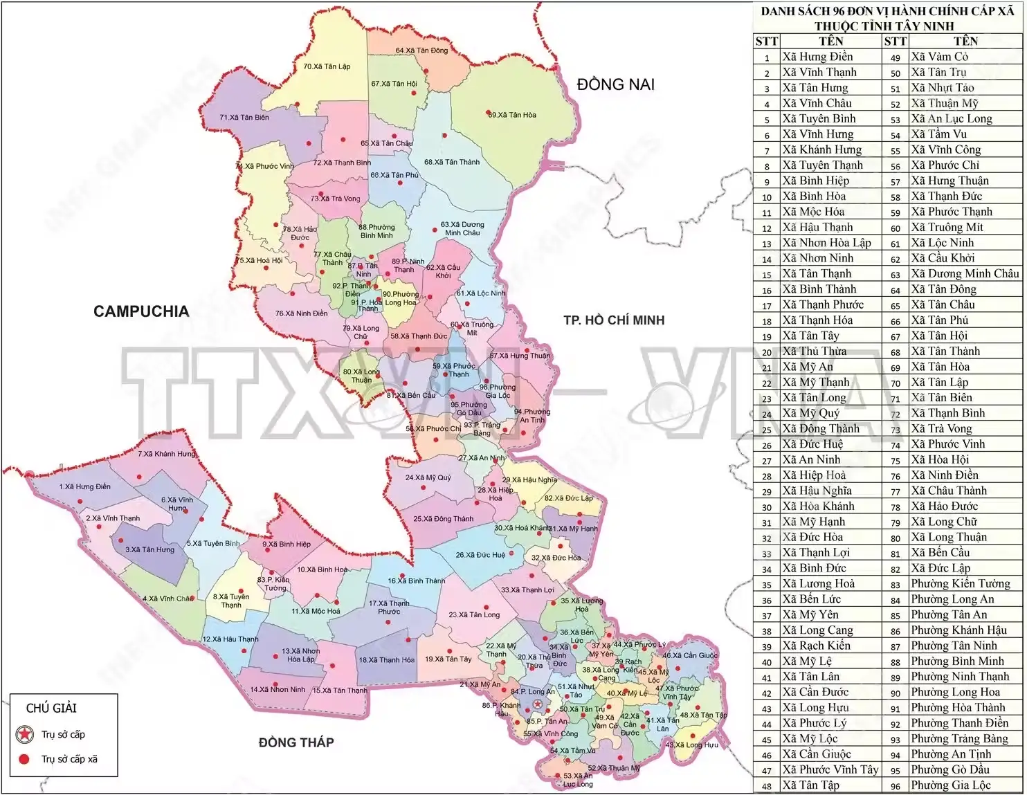 Bản đồ hành chính tỉnh Tây Ninh cập nhật 82 xã và 14 phường mới, sau khi sáp nhập với tỉnh Long An cũ