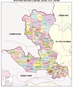Bản đồ hành chính tỉnh Tây Ninh full màu phân vùng 96 đơn vị hành chính cấp xã, tiếp giáp Campuchia, Đồng Nai, Hồ Chí Minh và Đồng Tháp