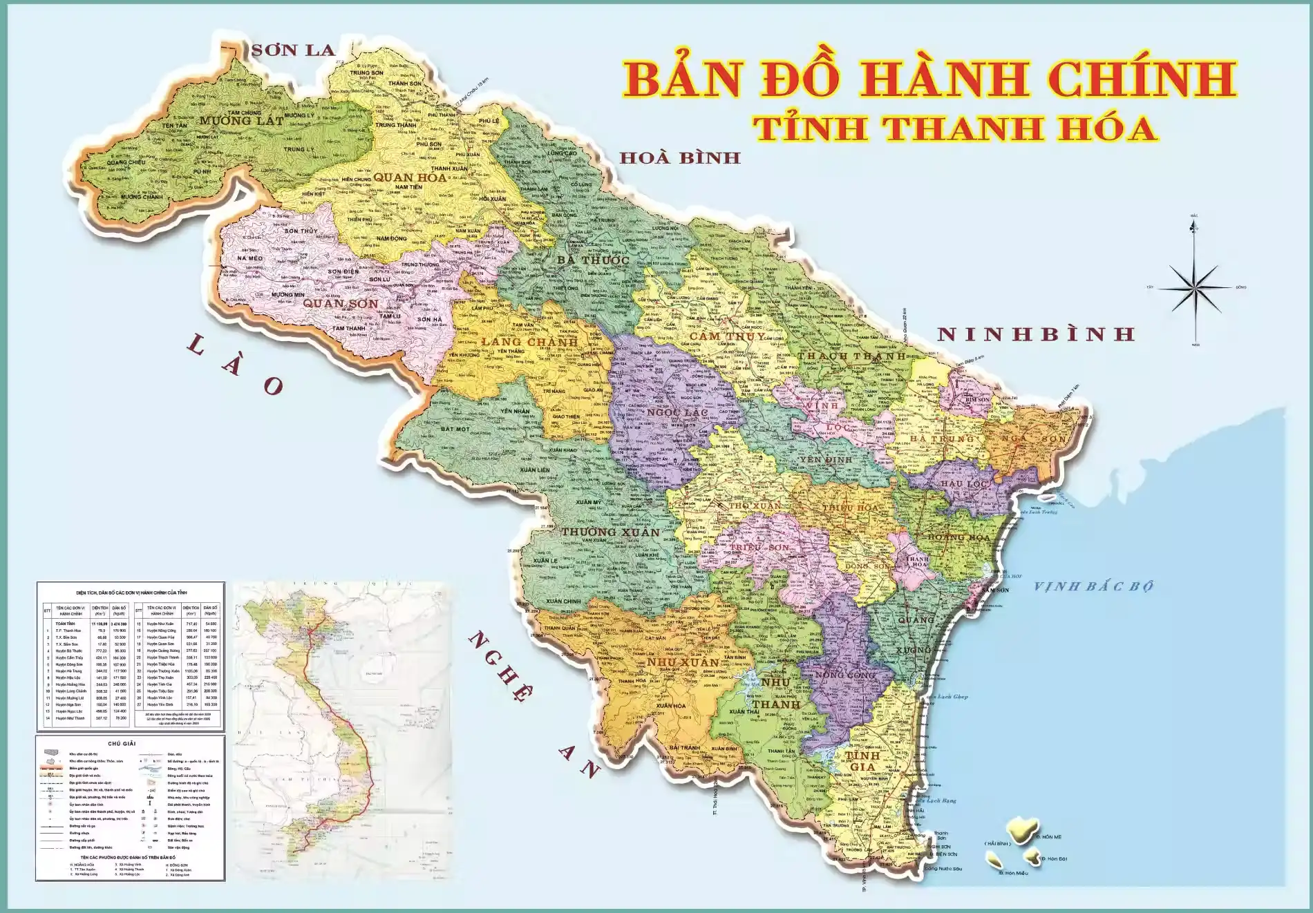 Bản đồ hành chính tỉnh Thanh Hóa cũ trước sáp nhập 2025 với ranh giới các huyện thị thành và bảng thống kê diện tích dân số từng đơn vị hành chính