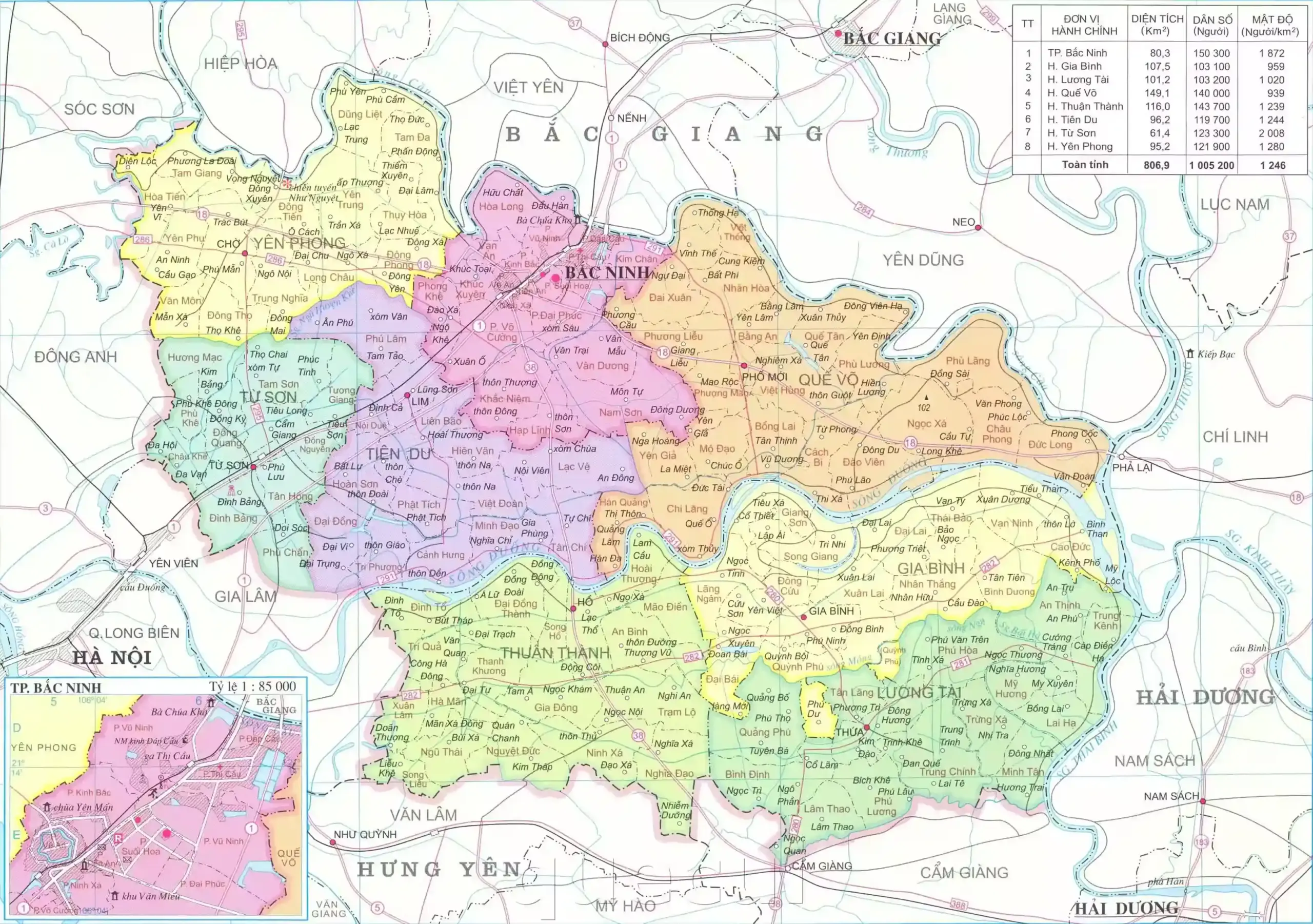 Bản đồ hành chính Bắc Ninh (cũ) gồm TP. Bắc Ninh và 7 huyện vùng Kinh Bắc, địa giới trước khi hợp nhất Bắc Giang