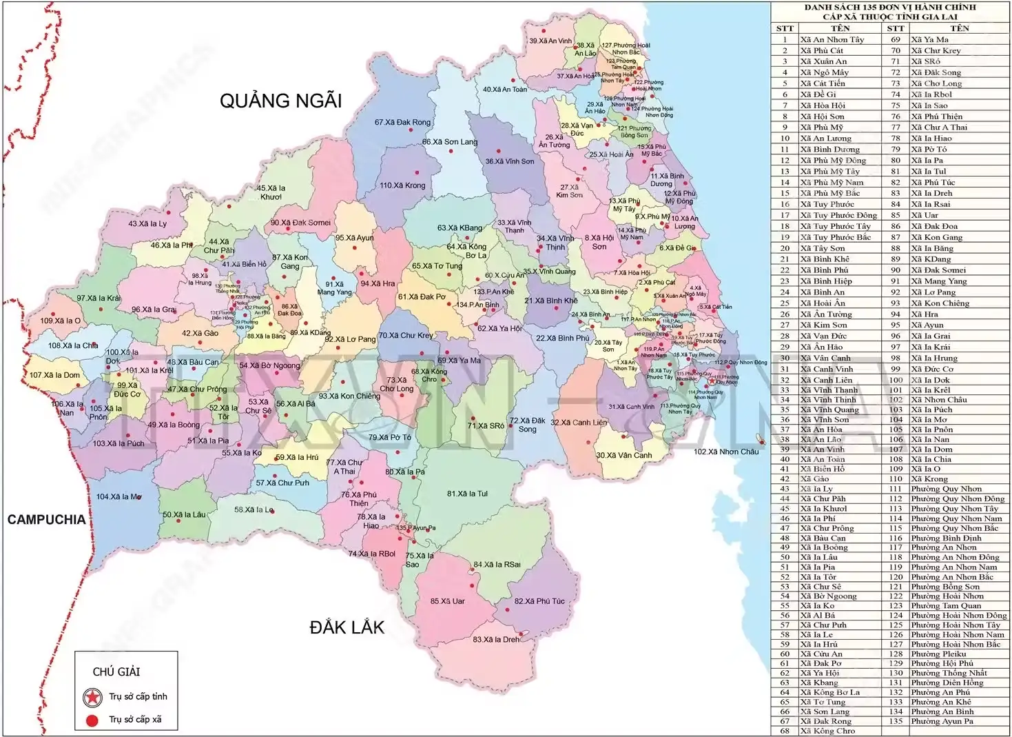Bản đồ hành chính Gia Lai thể hiện đầy đủ 135 đơn vị hành chính mới (110 xã và 25 phường) sau khi sáp nhập với tỉnh Bình Định