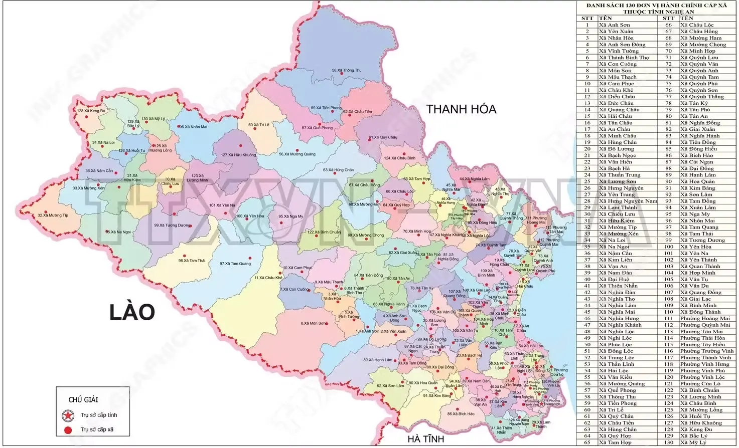 Bản đồ hành chính tỉnh Nghệ An mới quản lý 130 xã, phường sau khi sáp nhập