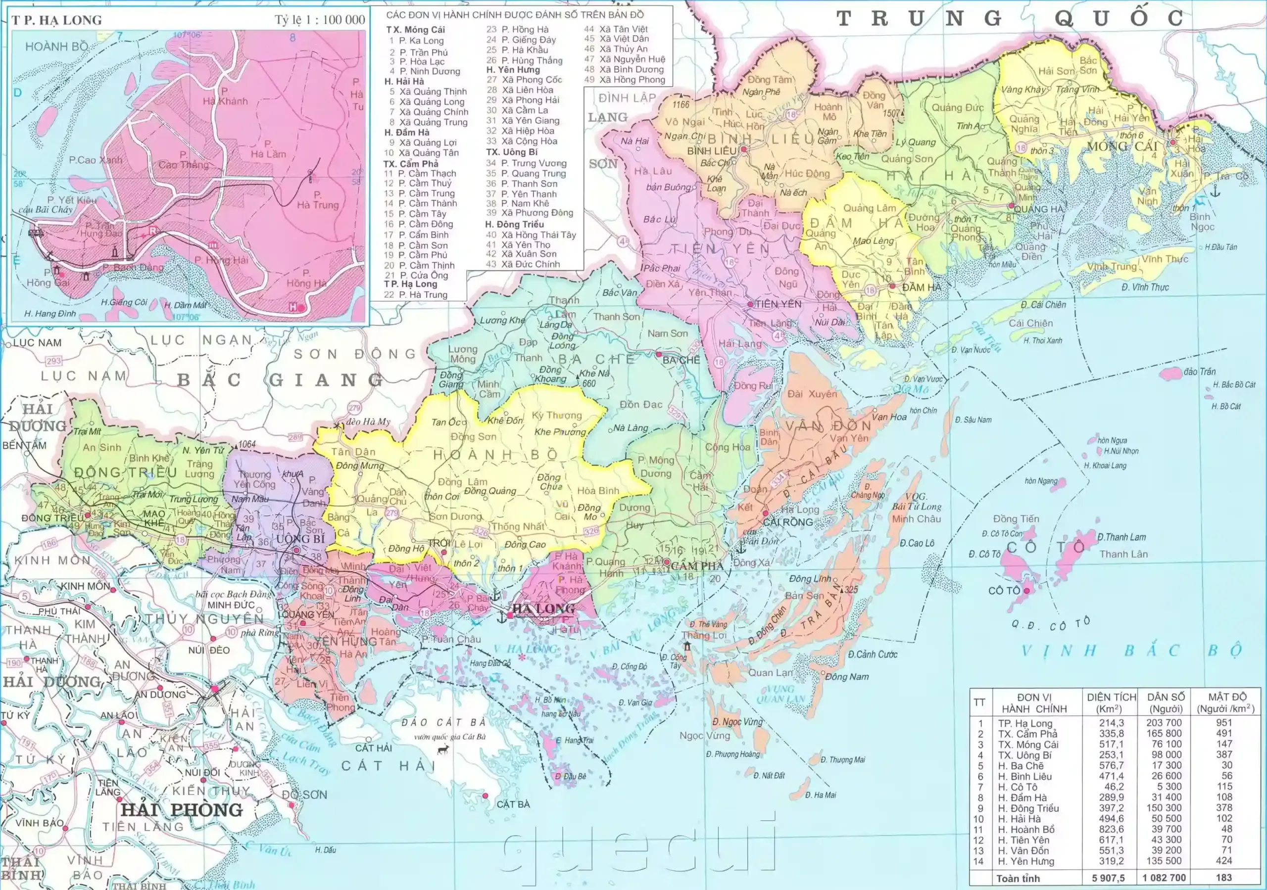 Bản đồ hành chính tỉnh Quảng Ninh cũ phân vùng màu 14 huyện, thị, thành trước đợt tổ chức lại đơn vị cấp xã
