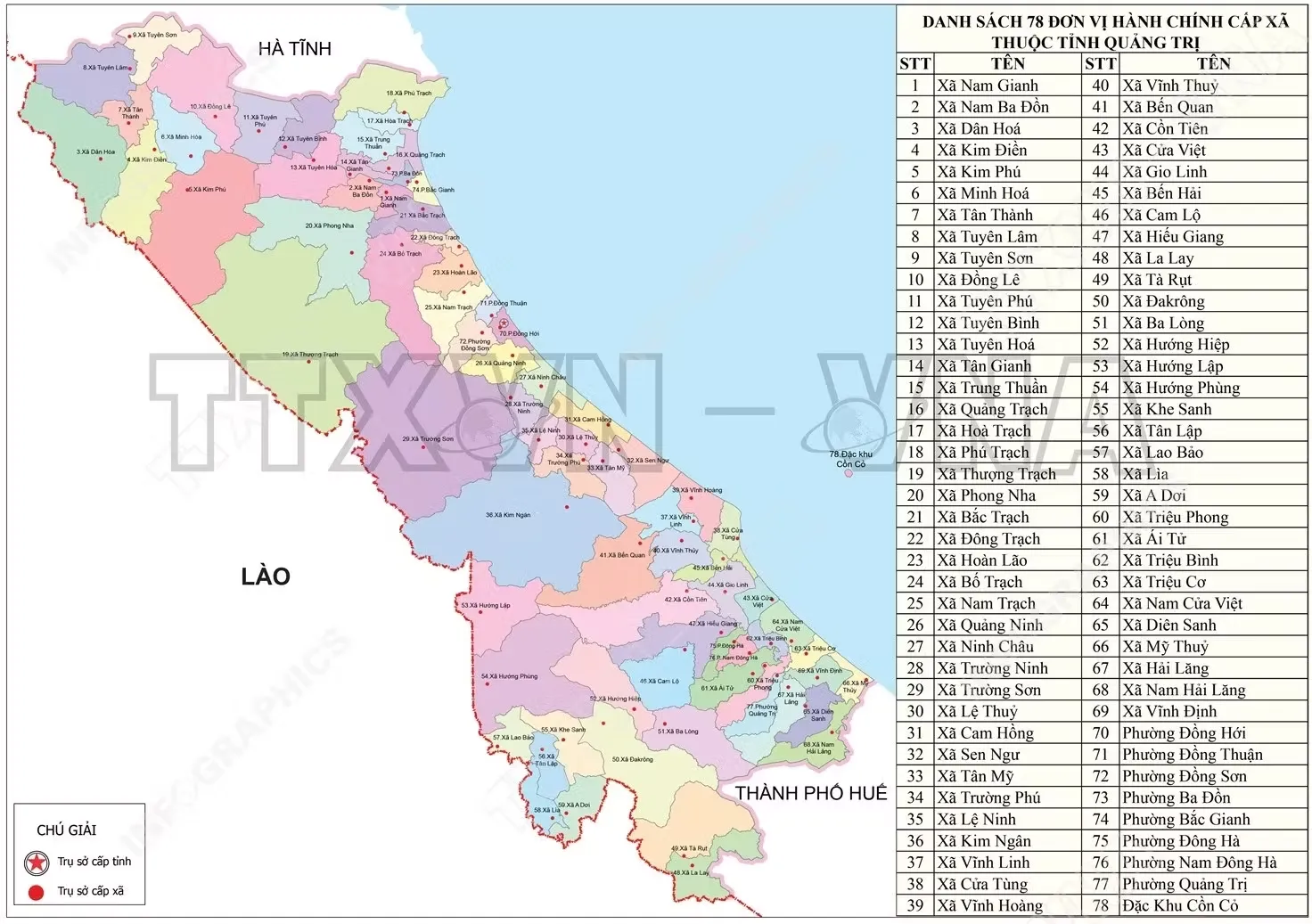 Bản đồ hành chính Quảng Trị mới, sau sáp nhập cập nhật đầy đủ 78 đơn vị hành chính cấp xã