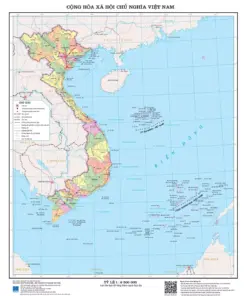 Bản đồ hành chính Việt Nam tỷ lệ 1:6.500.000 thể hiện 34 tỉnh, thành phố (sau sáp nhập) được phân vùng màu riêng theo xã, phường, bảng danh sách STT, tên ĐVHC ở chú giải, 3 miền Bắc, Trung, Nam