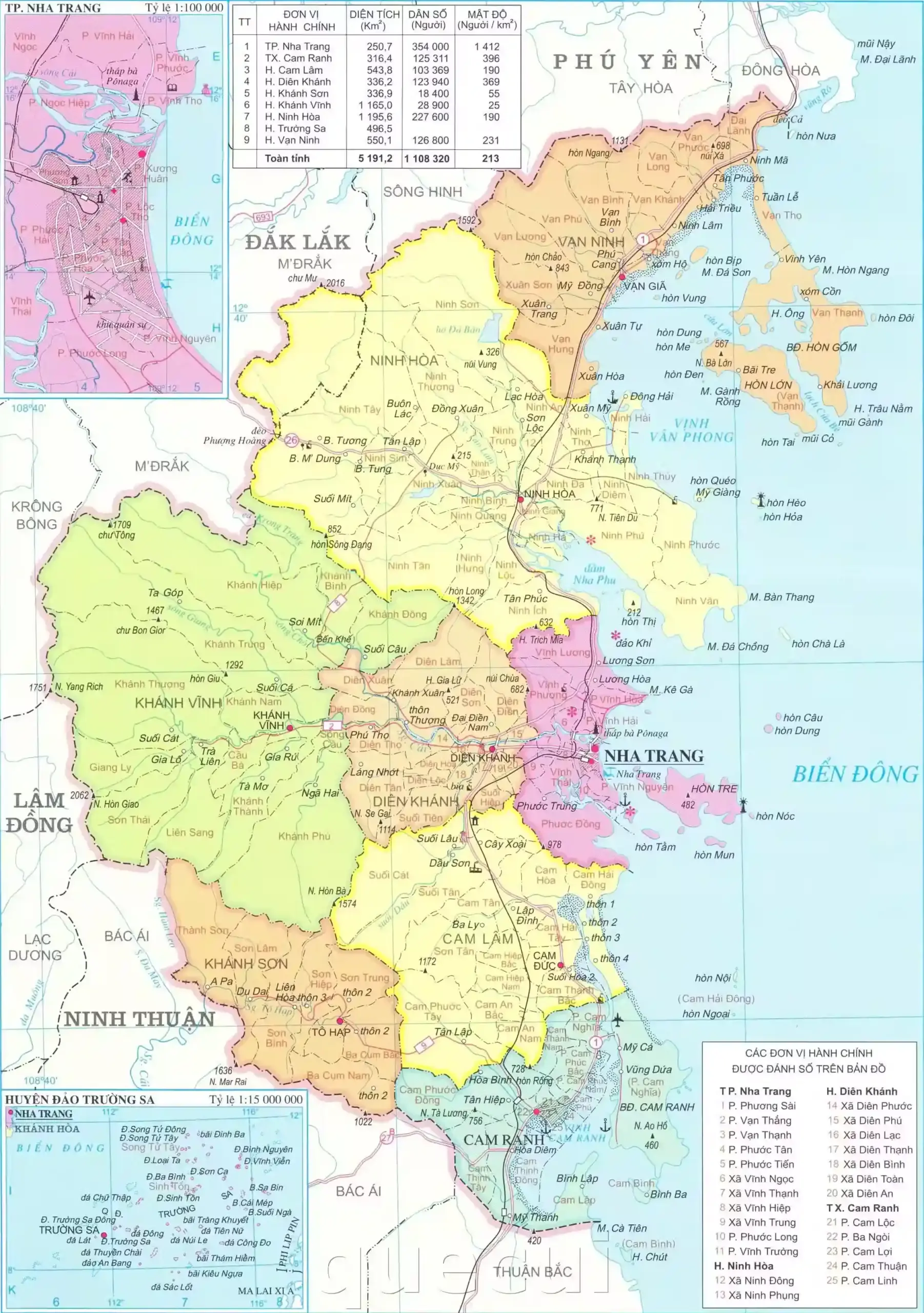 Bản đồ hành chính tỉnh Khánh Hòa cũ phân vùng 9 đơn vị cấp huyện trên diện tích 5.191,2 km² trước đợt sáp nhập với tỉnh Ninh Thuận