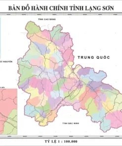 Bản đồ hành chính Lạng Sơn tỷ lệ 1:100.000 phân vùng màu vàng nhạt, tím, xanh lá, cam theo từng huyện, với hệ thống chú giải đầy đủ các lớp địa giới tỉnh, huyện, xã phường thị trấn và ô đô thị trung tâm lạng sơn để tra cứu ranh giới hành chính chi tiết trên nền bản đồ Việt Nam 34 tỉnh thành