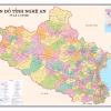 Bản đồ hành chính Nghệ An tỷ lệ 1:110.000 sau sắp xếp cấp xã, full màu phân vùng 130 xã phường, kèm bảng danh sách tên và số thứ tự 130 ĐVHC cùng hệ thống chú giải ký hiệu đầy đủ