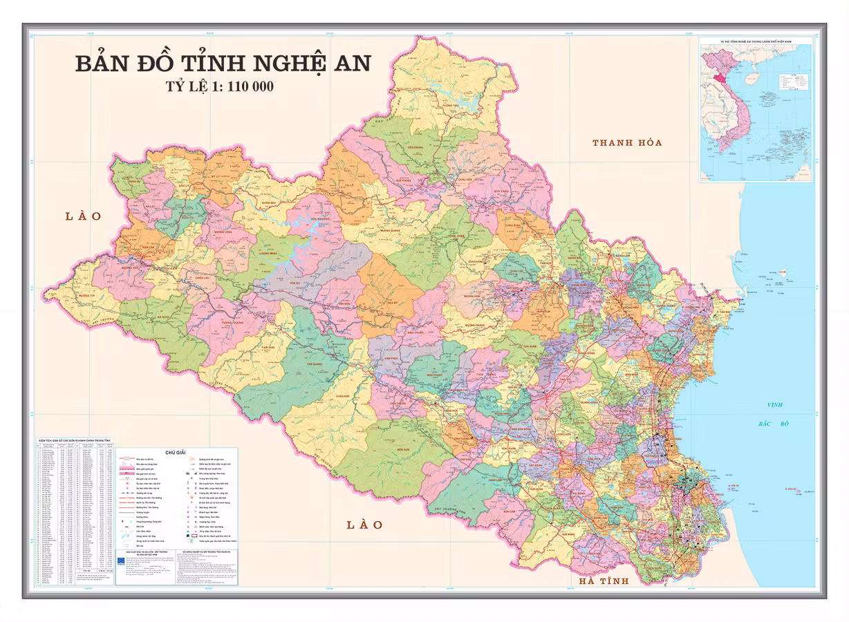 Bản đồ hành chính Nghệ An tỷ lệ 1:110.000 sau sắp xếp cấp xã, full màu phân vùng 130 xã phường, kèm bảng danh sách tên và số thứ tự 130 ĐVHC cùng hệ thống chú giải ký hiệu đầy đủ
