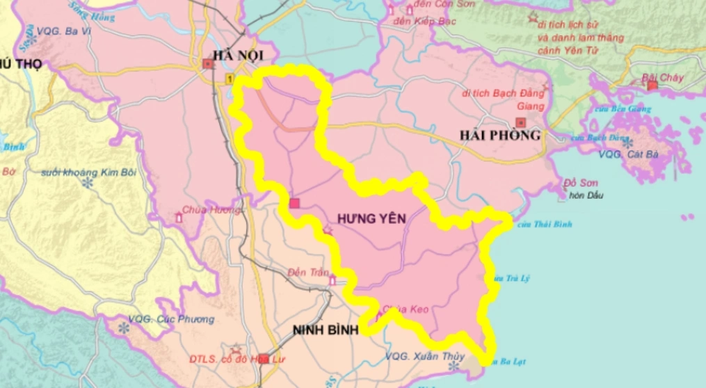 Bản đồ số tỉnh Hưng Yên ở vùng Đồng bằng sông Hồng, giáp Hà Nội phía tây, Bắc Ninh phía bắc, Hải Phòng phía đông bắc, Ninh Bình phía nam và Biển Đông phía đông nam