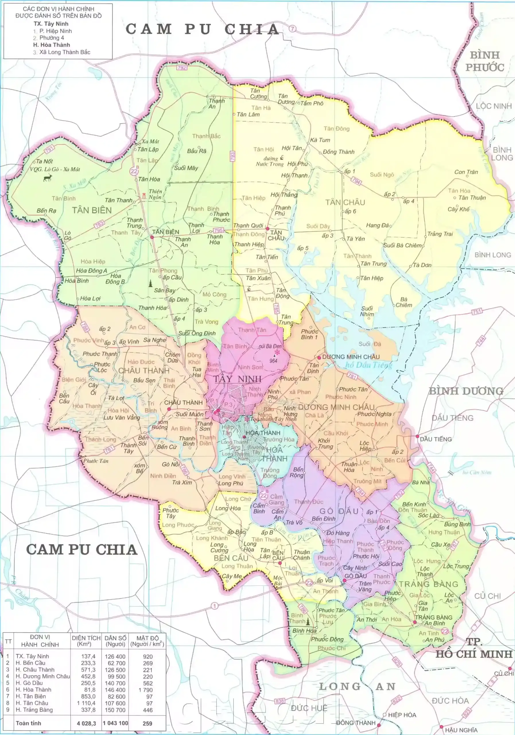 Bản đồ hành chính tỉnh Tây Ninh cũ với cửa khẩu quốc tế Mộc Bài trên quốc lộ 22 hướng Campuchia và đô thị thị xã Tây Ninh giáp Bình Dương, Bình Phước phía đông