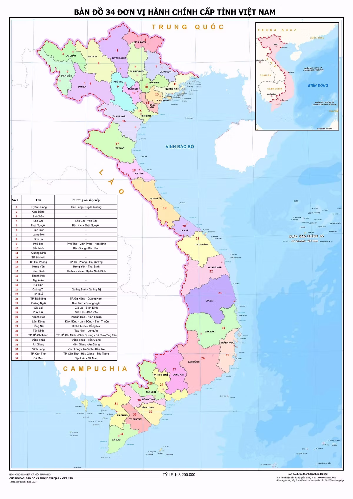 Bản đồ hành chính Việt Nam tỷ lệ 1:3.200.000 ghi 34 số STT trên từng tỉnh, kèm bảng phương án sáp xếp, sáp nhập đơn vị hành chính cấp tỉnh