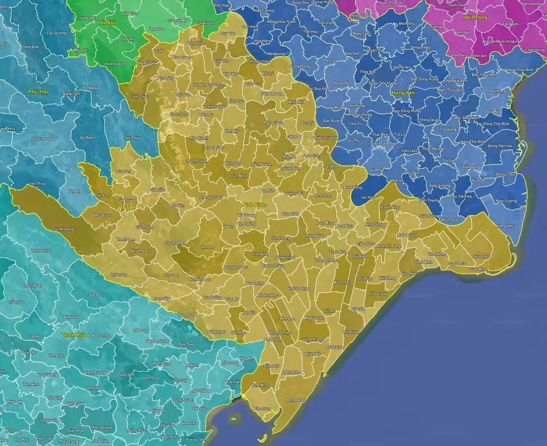 Dữ liệu GIS tỉnh Ninh Bình mới gộp địa bàn Ninh Bình, Nam Định, Hà Nam cũ vào 129 đơn vị cấp xã trên cùng một lớp không gian