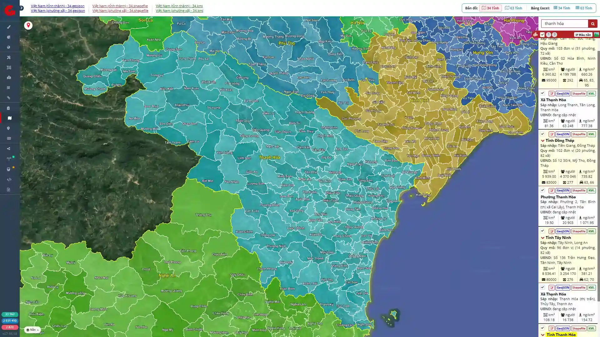 Lớp ranh giới xã phường tỉnh Thanh Hóa mới 2025 trên nền GIS vệ tinh tương tác với metadata từng đơn vị hành chính gồm diện tích dân số và mật độ sau sắp xếp theo Nghị quyết 1686/NQ-UBTVQH15
