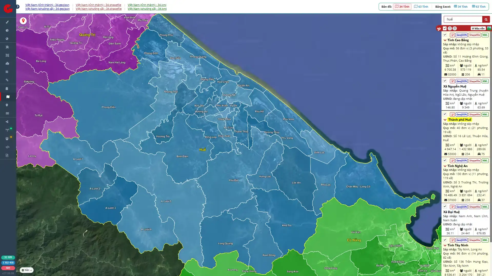 Metadata không gian TP. Huế hỗ trợ tải GeoJSON, Shapefile và KML cho 40 ĐVHC cấp xã