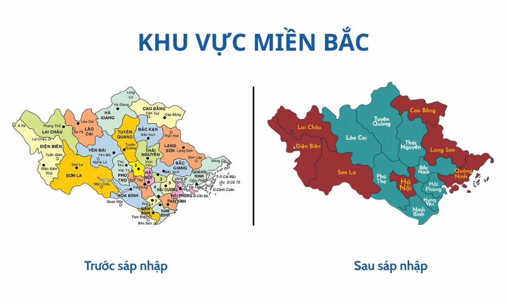So sánh khu vực miền Bắc trước và sau sáp nhập từ 25 tỉnh thành phố cũ xuống còn 15 tỉnh thành phố mới với 1.368 đơn vị hành chính cấp xã gồm 1.095 xã 269 phường và 4 đặc khu